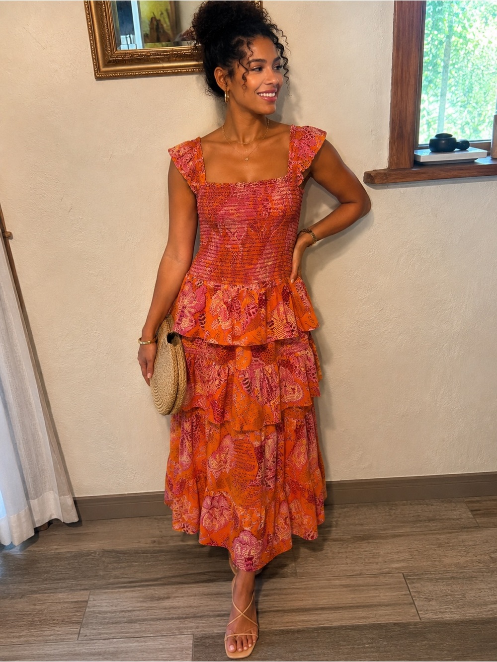 House of Harlow 1960 Orange and Pink Smocked Ruffled 2 piece Skirt and Top